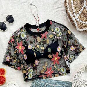 SHEER EBROIDERED FLORAL CROP TOP BLACK TULLE T-SHIRT, MEDIUM, BOHO, WOMEN'S